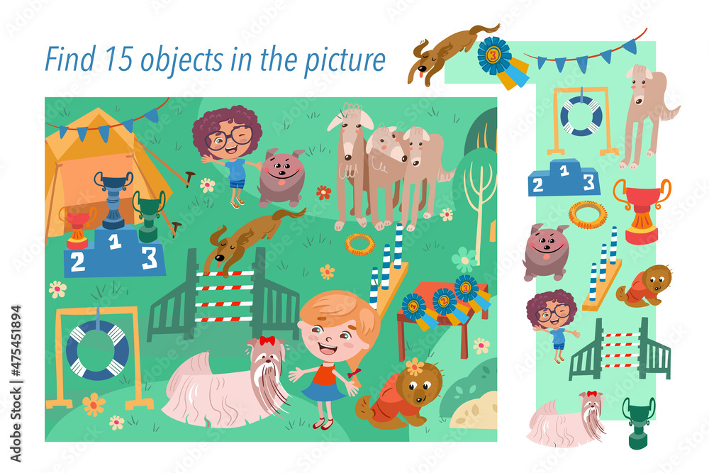 Wall mural find 15 hidden objects in picture. dog show with cute animals characters. child game. activities, ve