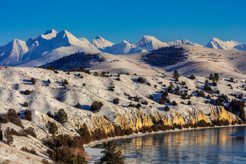 The Flathead River after a fresh snowfall in the Mission Valley, Montana, USA