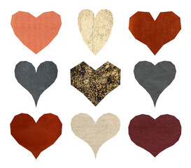 Set of nine angular hearts with textures. The collection includes: old paper and canvas. Perfect for design.