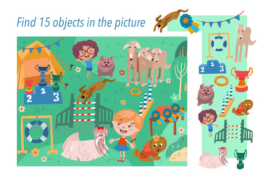 Find 15 hidden objects in picture. Dog show with cute animals characters. Child Game. Activities, vector illustration.