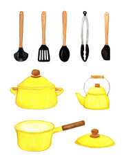 Watercolor illustration set of cookware.