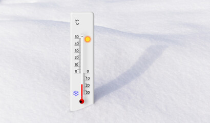 White celsius scale thermometer in the snow. Ambient temperature minus 16 degrees