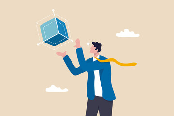 Scalable business model, flexibility to adapt or expand business growth with cost efficiency concept, businessman expand or scale down cube box metaphor of scalability.
