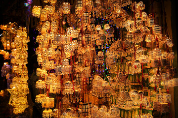 Ornamental lights Christmas light lightning lantern star hanging Christmas market Kerala India lots...