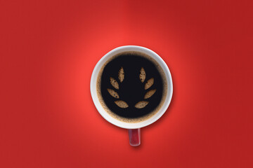 Top view creative made of coffee milk foam awards on red color background.