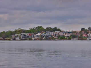 Fototapeta premium Panorama view of Concord Bay on Sydney Harbour NSW Australia, wealthy houses on the forshore nestled between lush green trees