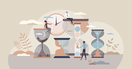 Time management with various tasks deadline pressure tiny person concept. Precise and effective work organization with schedule and process control vector illustration. Clock as productivity symbol. - obrazy, fototapety, plakaty