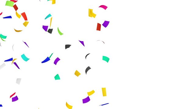 Many colorful confetti floating in air on white background. Party concept. Rectangular paper. 3D loop animation.