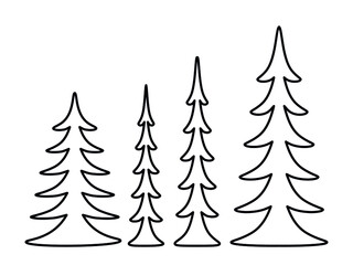Simple doodle of a Christmas tree. Set of contours of trees isolated on white background. Fir symbol.
