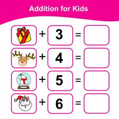 Counting Game for Preschool Children. Math Worksheet for Preschool. Christmas theme. Educational printable math worksheet. Additional math for kids. Vector illustration. 