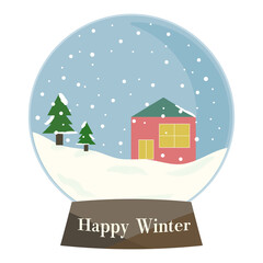 Obraz na płótnie Canvas スノードーム、雪の積もった景色、家とモミの木