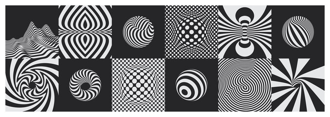 Black and white pattern with optical illusion. 3D geometric striped rounded shape. Sphere, torus and circle. Abstract element for print or design. Landscape background. Vector illustration.
