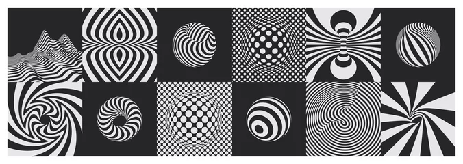 Black and white pattern with optical illusion. 3D geometric striped rounded shape. Sphere, torus and circle. Abstract element for print or design. Landscape background. Vector illustration. © Login