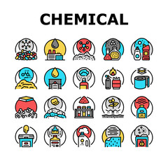 Chemical Industry Production Icons Set Vector. Polymers And Petrochemicals, Glue And Aerosol Spray, Rubber And Paint Varnish Chemical Industry Manufacturing Line. Color Illustrations