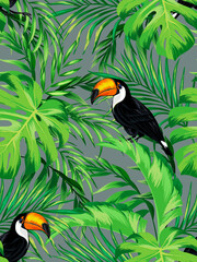 Fototapeta premium Summer tropical vector pattern with birds and palm leaves. Seamless botanical background. Tropic wallpaper.