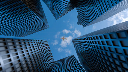 Fototapeta na wymiar Air transportation concept. Perspective view to steel light blue of glass high rise building skyscraper city of future and airplane. Business and travel concept. 3d rendering. 3d illustration