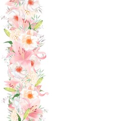 Obraz na płótnie Canvas エレガントな色使いのピンク系の百合の花と白いばらとリーフの水玉リボン付き招待状フレーム素材