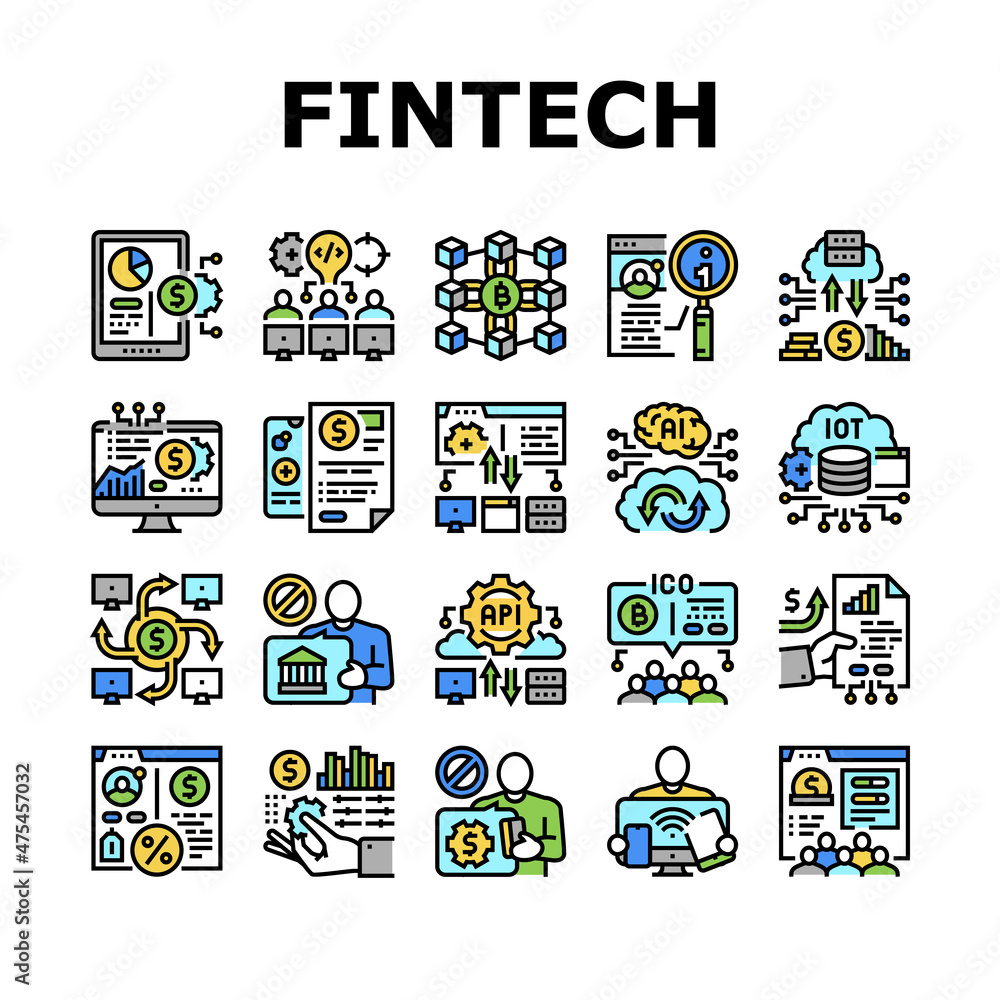 Poster fintech financial technology icons set vector. hackathon fintech development and blockchain, crowdfu