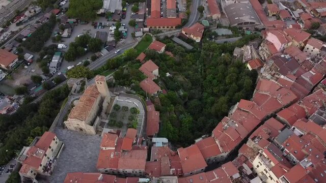 Beautiful panoramic view of Colletta square and San Michele Arcangelo church in the medieval old town of Ventimiglia in Italy, Liguria, Italy. Ligurian Riviera, province of Imperia