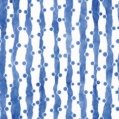 Hand drawn watercolor painting striped seamless pattern with dots. Blue colored geometric background. Wavy lines and circles on textured paper. Template for textile, wallpaper, carpet, ceramics.