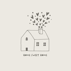 Hand drawn illustration of little house with lots of hearts - obrazy, fototapety, plakaty