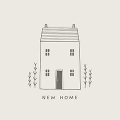 Hand drawn illustration of house and plants