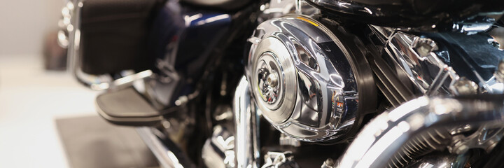 Engine of chrome-plated modern motorcycle and gearbox