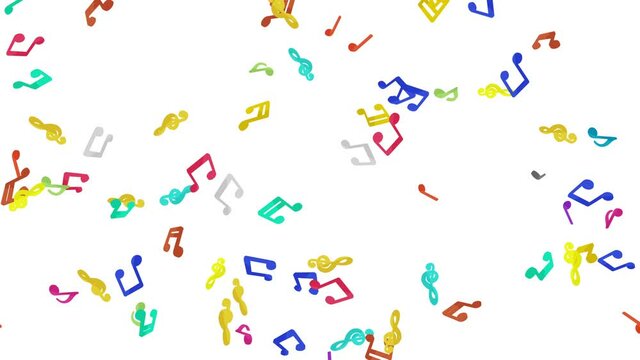 Many colorful musical notes floating in air on white background. Music score illustration. Education concept. 3D loop animation.