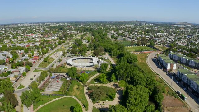 Drone SHot orbital  central square of the city of talca maule region seventh region aerial shot of beautiful garden