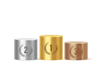 Podium for gold silver bronze winners, 3d stage pedestal with laurel wreath, place number
