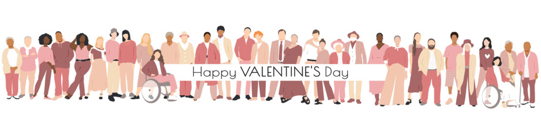 Happy Valentine's day banner. Multinational couples. Flat vector illustration.