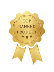 Gold seal with ribbons for top ranked product, medal for best quality, award for first place winners