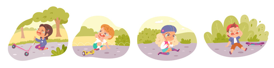 Falling accident with unhappy crying kids set, child with injury sitting on road of park