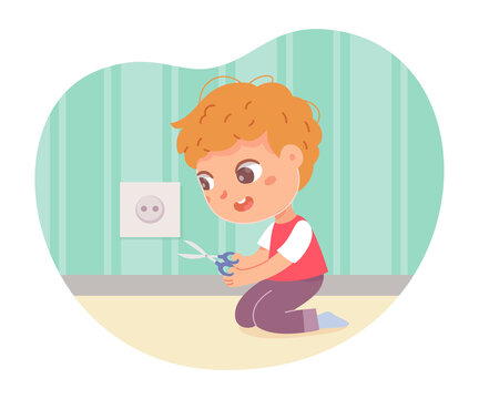 Accident with child and electric socket, boy holding scissors to play with electricity