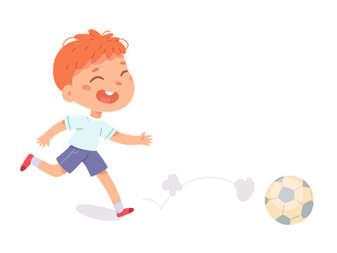 Kid running after soccer ball to kick, happy cute child playing with soccerball on field
