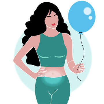 Beautiful woman with bloated belly and balloon