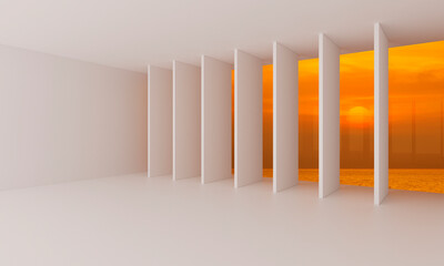 Contemporary empty white window with room over sunset sky and sea, 3D Rendering