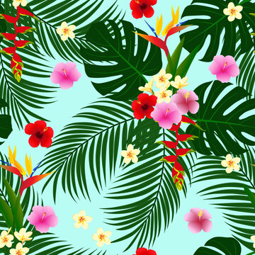 tropical pattern. tropical leaf seamless pattern. exotic plumeria, yellow frangipani, palm tree, red pink hibiscus flowers, good for textile, dress, stationery, fashion, etc. © hartami