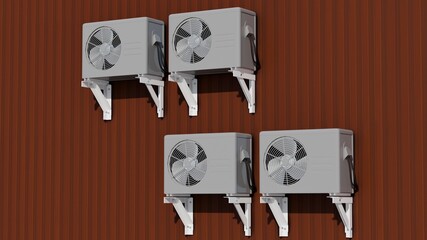 Set of white air conditioners on material wall