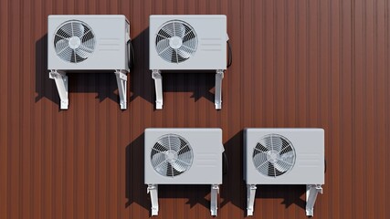 Set of white air conditioners on material wall