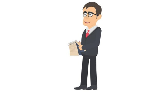 Expert. Animation of an inspector writing in a notebook, the alpha channel is turned on. Cartoon