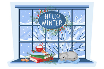 Winter window with landscape, cat sleeping, books and drink with cookies on the sill. Lettering Hello Winter. Cozy vector illustration