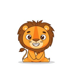 Little lion sits upright and smiles. Postcard in children's cartoon style. Vector illustration for designs, prints and patterns. Vector illustration