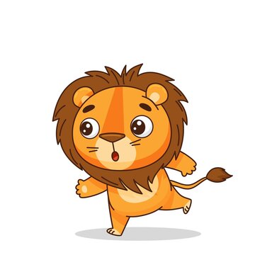 The cute lion is running. Postcard in children's cartoon style. Vector illustration for designs, prints and patterns. Vector illustration