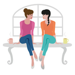Two woman talking and take coffee