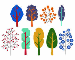 Set of tree illustrations in cartoon style isolated on colored background, can be used as design element