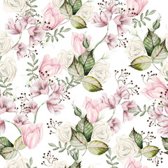 Watercolor seamless pattern with white roses, delphinium, crocus and tulips.