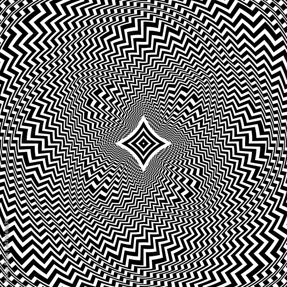 Poster optical art circular pattern of zigzag black lines. round trippy background design.