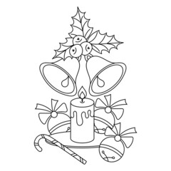 Coloring book page for kids. Christmas items and elements . Hand-drawn Doodle vector illustration.