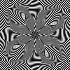 Optical art circular pattern of warped black lines. Twisted striped background design.